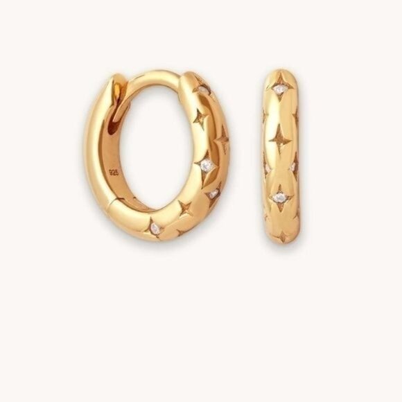 Small Gold Huggies w/ CZ Stars Engraved Pretty little gold huggie Earrings - Picture 1 of 9